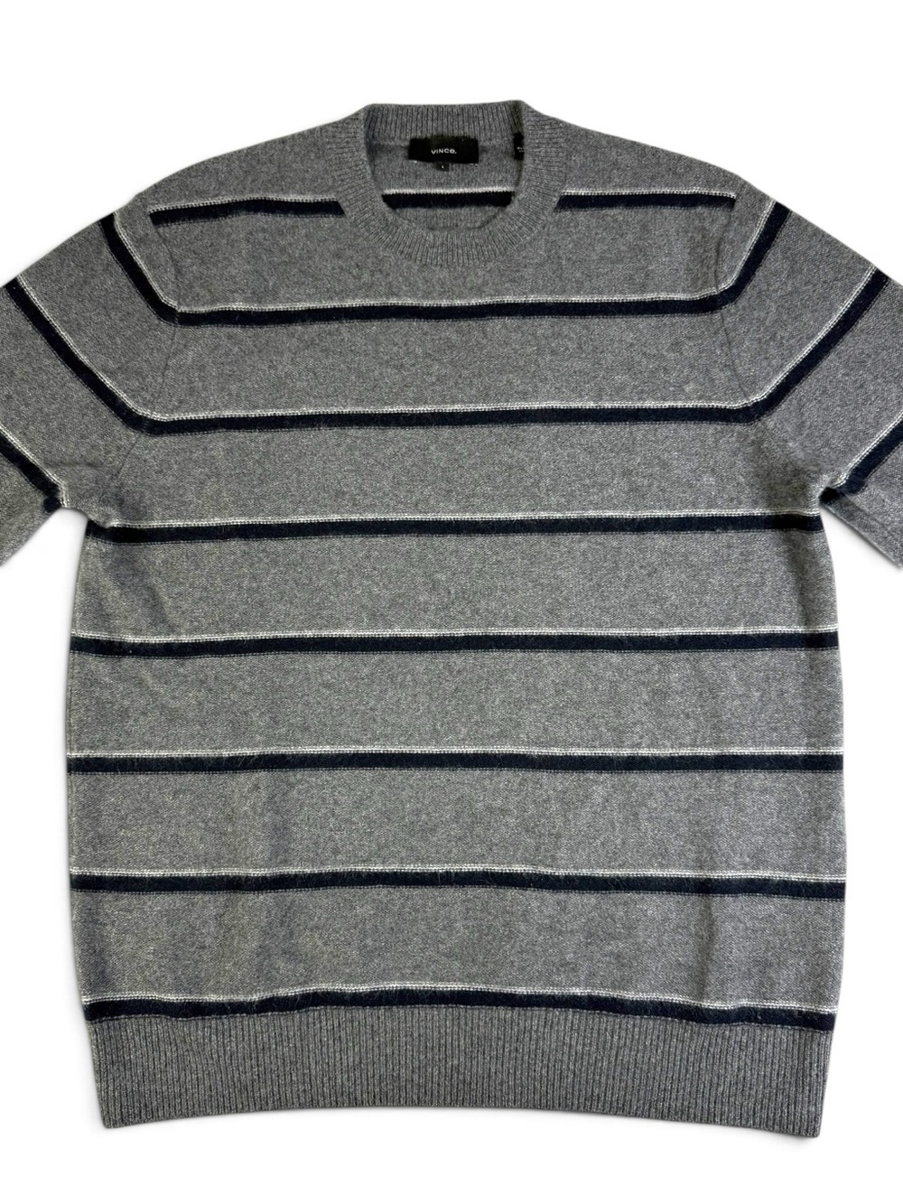 Vince Men’s 100% Cashmere Striped Crewneck Sweater Gray Navy L